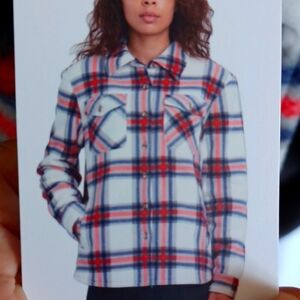 Sage Red/gray/white/blue Plaid Plush Shirt Jacket / Shacket, M, 22" PTP, 26" L